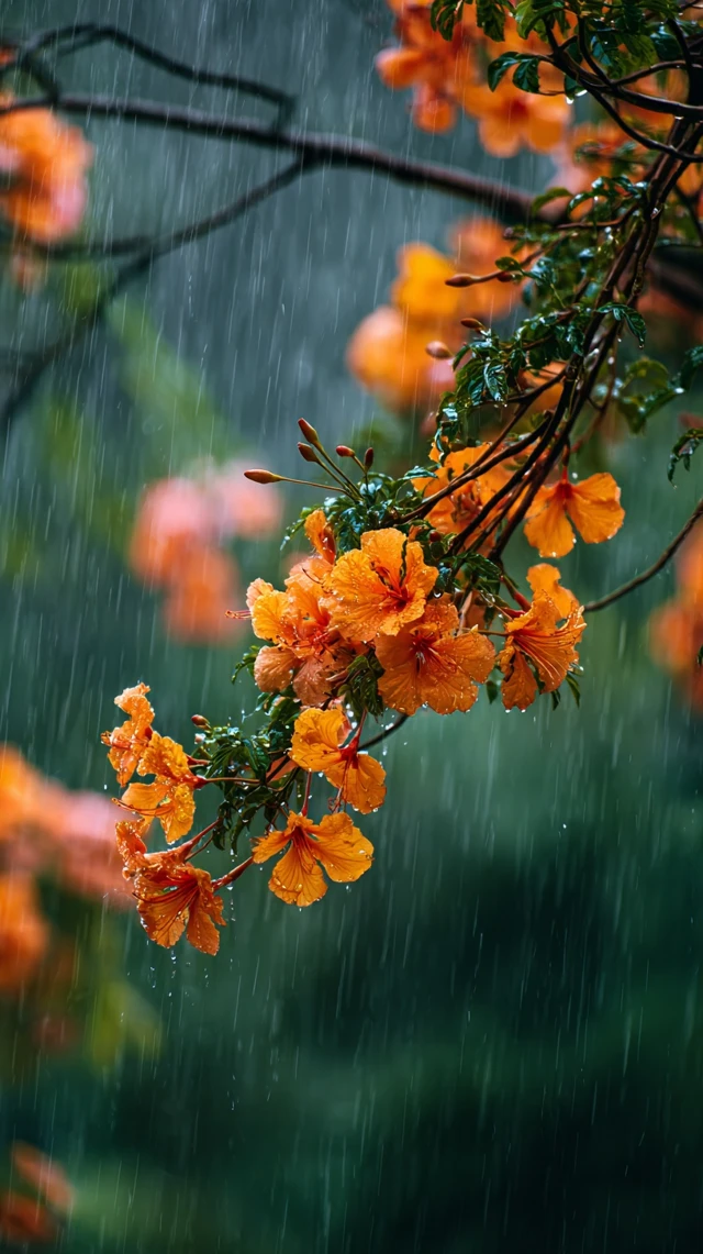 Orange Flowers in Rainstorm Nature Photography