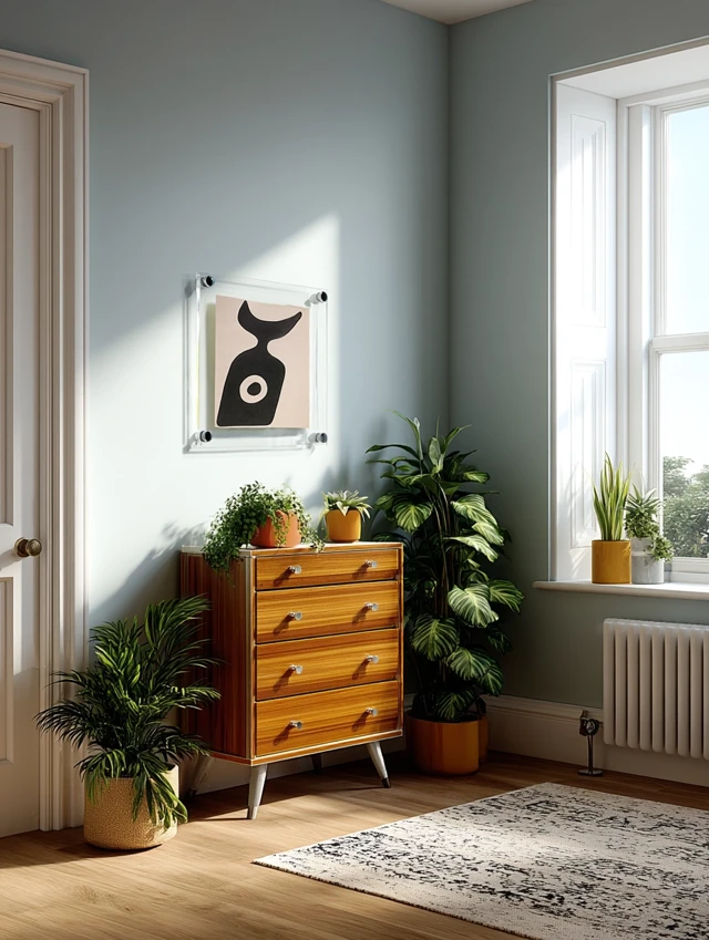 Bright Interior Room with Plant Decor and Floating Frame