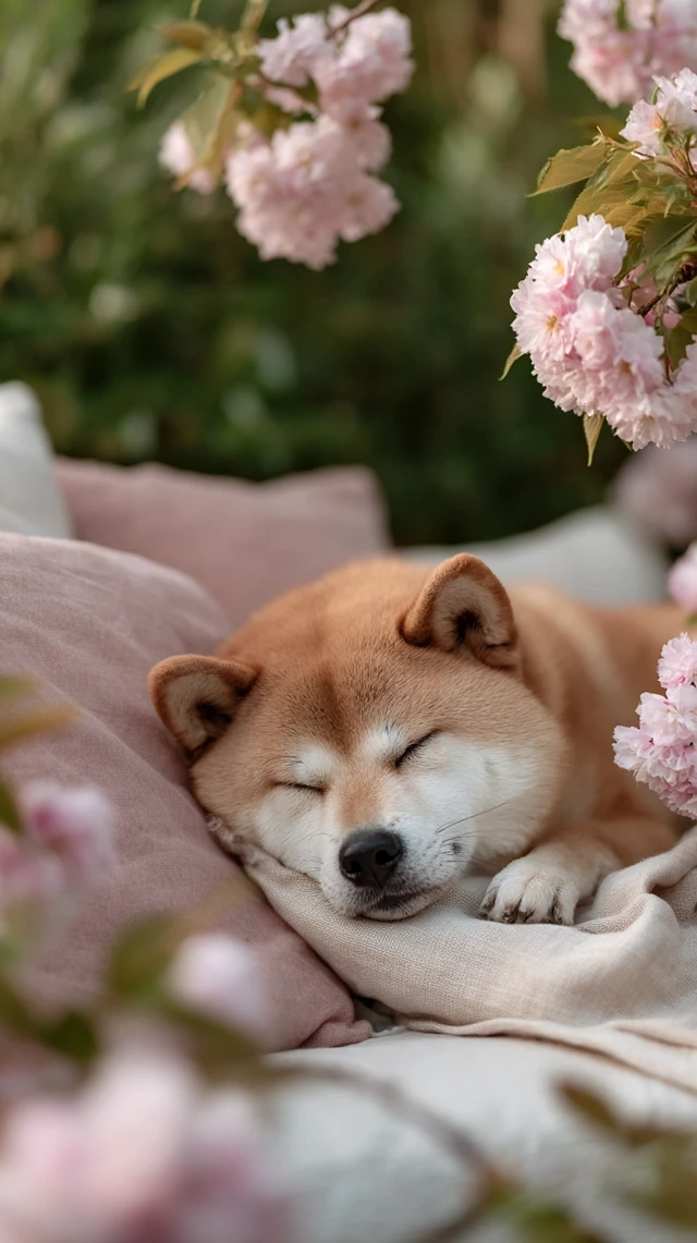 Sleeping Shiba Inu in Cherry Blossoms Serene Scene