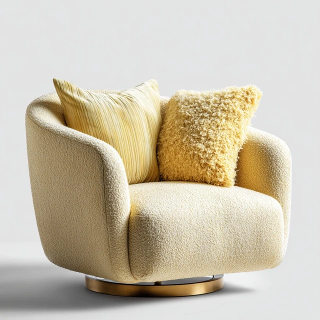 Upholstered Armchair with Swivel Base and Fluffy Cushions