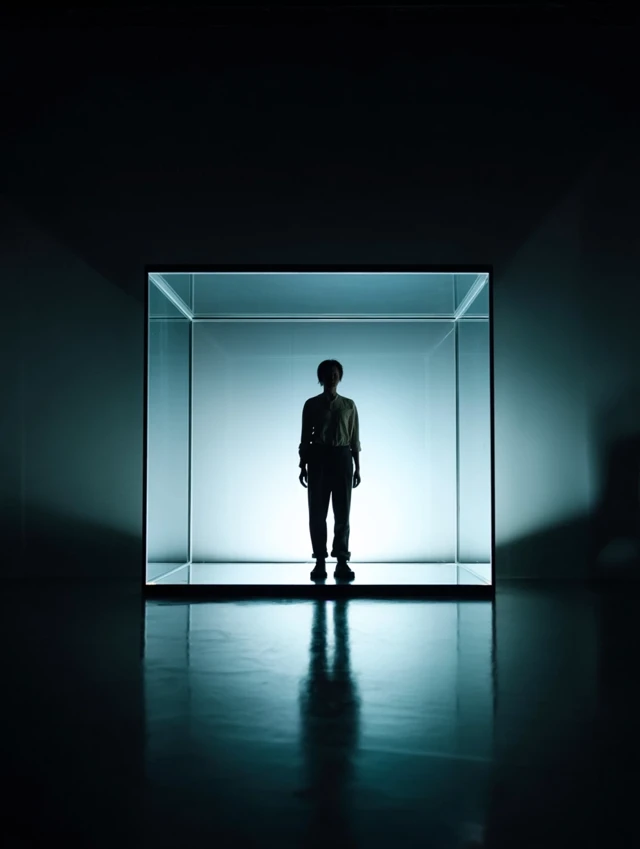 Futuristic Glass Cube Silhouette Art Installation