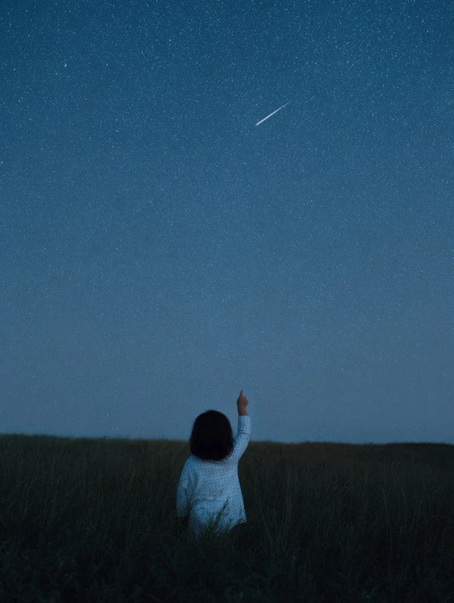 Girl Gazing at Shooting Star Under a Night Sky