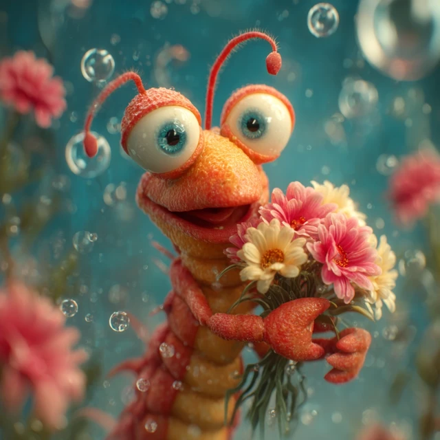 Crazy Shrimp with Flowers Cartoon Character