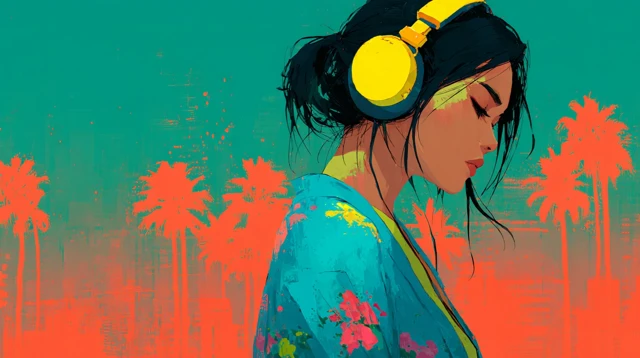 Cute Woman with Headset Tropical Colors Art