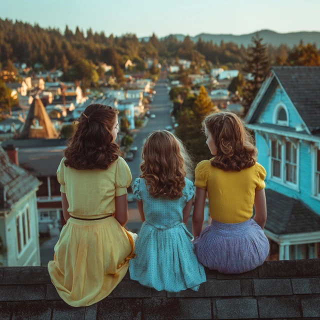 1940s Girls on a Rooftop Overlooking Town