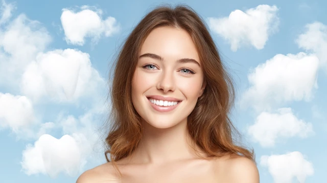 Beautiful Woman Smiling with Teeth Clouds and Blue Sky