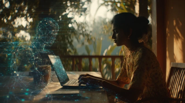 Indian Woman Coding with AI Hologram