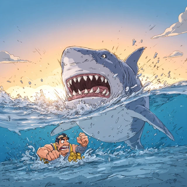 Great White Shark Hunting Man Underwater Caricature