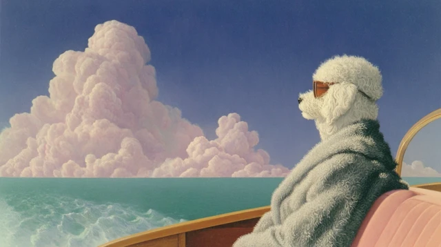 Dog in Boat on the Ocean Nostalgic Surreal Art