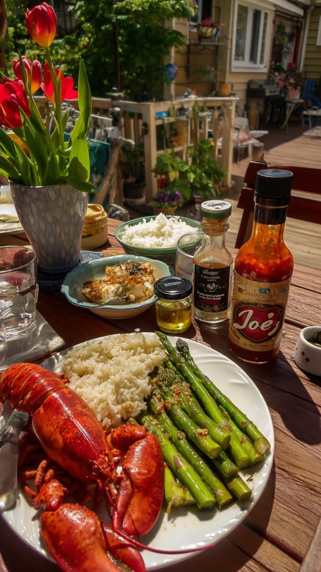 Lobster Asparagus and Joe Hot Sauce Sunny Quebec Day
