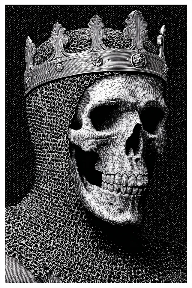 Skull King in Chainmail Crown Woodcut Art