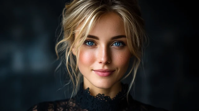 Elegant Caucasian Woman Portrait Blonde Hair Blue Eyes