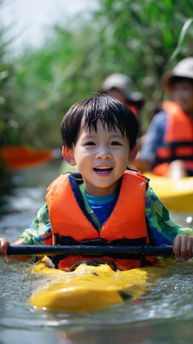 Asian Family Kayaking Fun Summer River Adventure