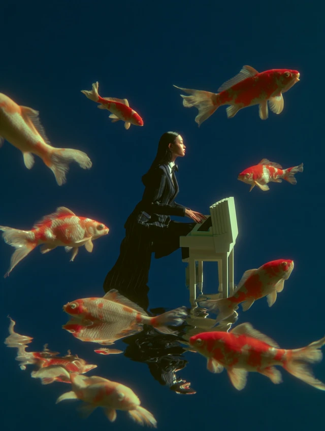 Woman in Suit Playing Computer Underwater with Koi Fish