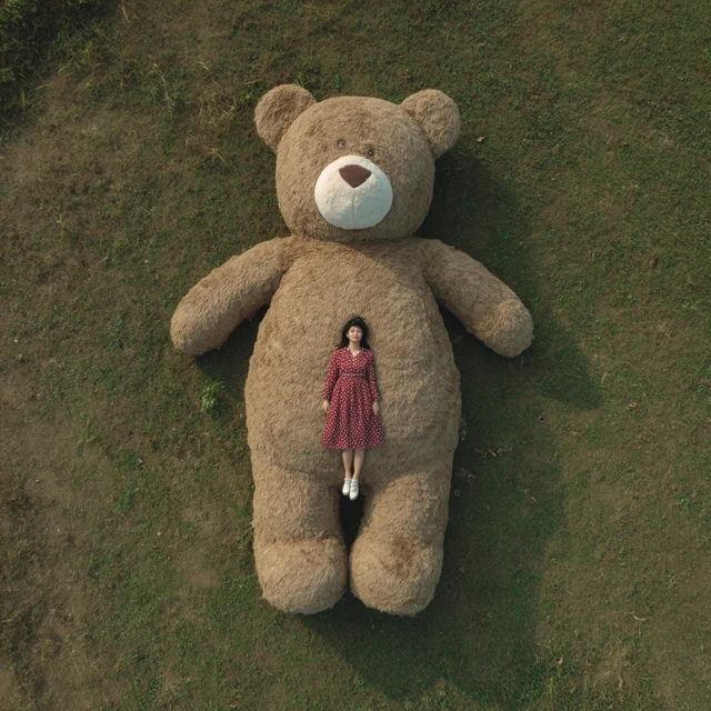 Girl and Giant Teddy Bear on Green Grass