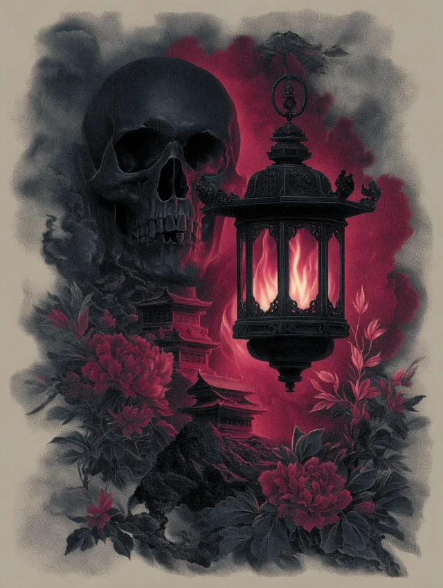 Gothic Skull Lantern Tattoo Flash Art Design