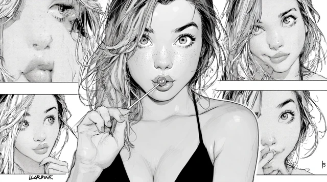 Ink Sketch Portrait of a Woman with Lollipop