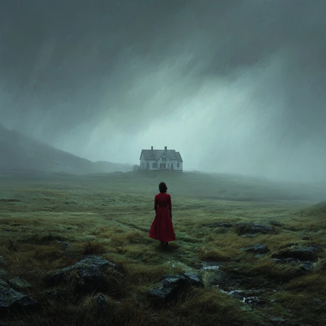 Woman in Red Walking Towards House Landscape Scene