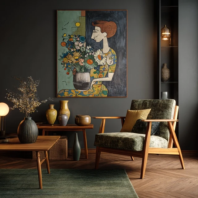 Mid Century Modern Living Room with Art and Warm Lighting