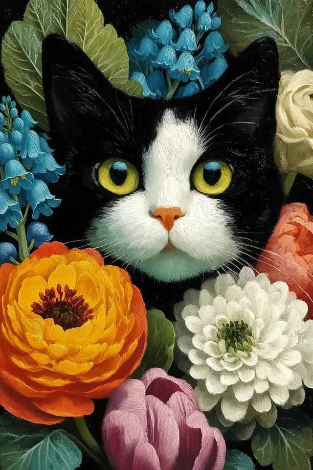 Cat Portrait with Flowers - Audubon Style Oil Painting
