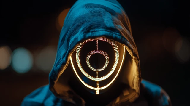 Hooded Figure with LED Target Mask at Night