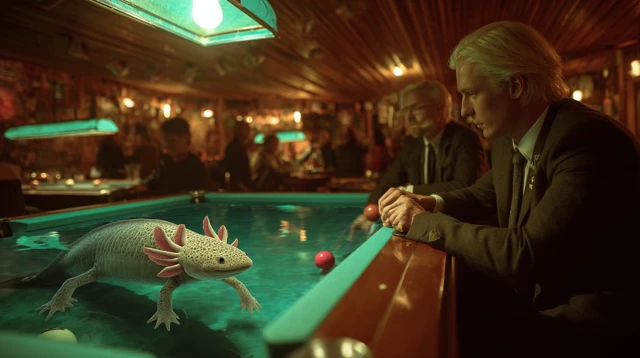 Axolotl Playing Pool with a Man