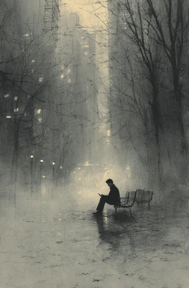 Solitary Figure in a Foggy Park Pencil Sketch