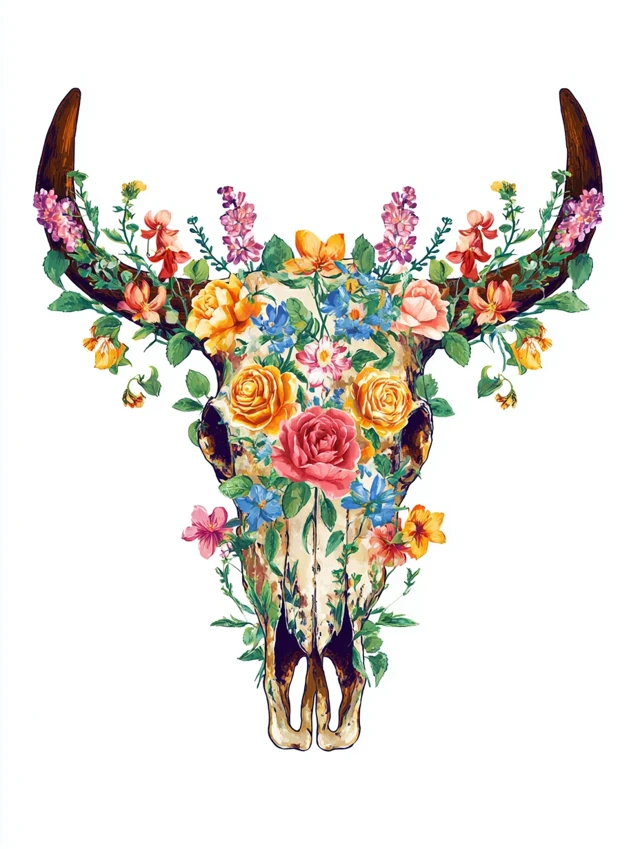 Boho Floral Cow Skull TShirt Design