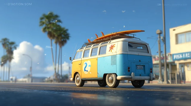 VW Bus in Venice Beach with Surfboard
