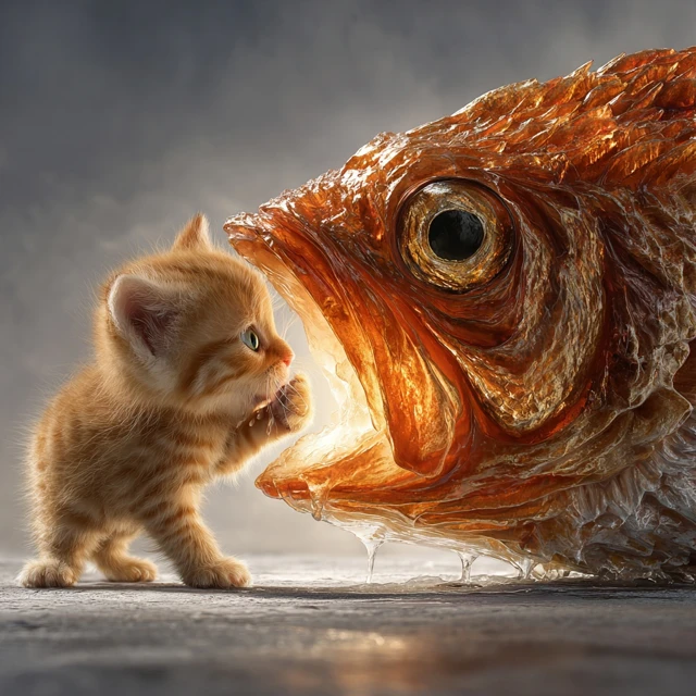 Tiny Kitten Confronts Giant Fish A Whimsical Scene