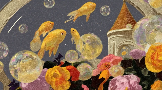 Goldfish Castle in Bubbles Dreamy Illustration