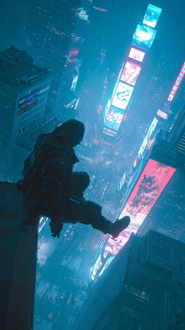 Cyberpunk Rooftop Dive Futuristic City Night