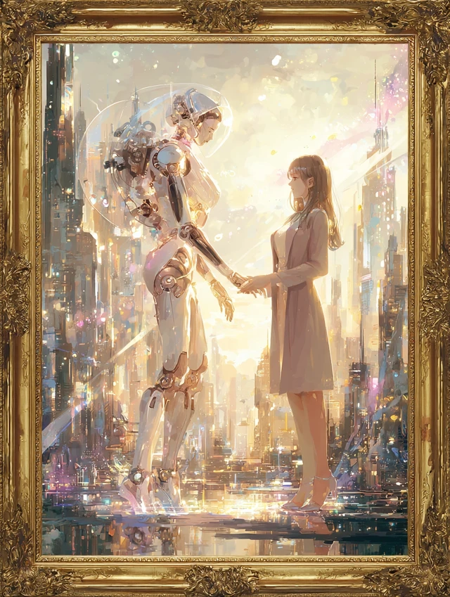 Android and Woman Handshake in Futuristic City Art