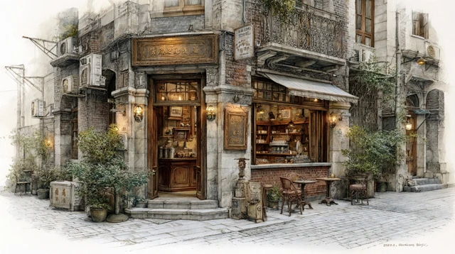 Vintage Shanghai Coffee Shop Watercolor Art