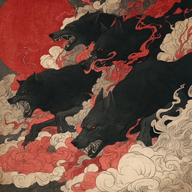 Scary Wolves Punishing Demons Japanese Art
