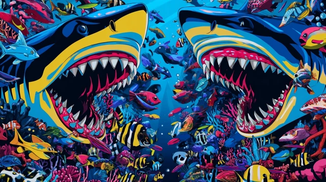 Shark Fight in Coral Reef Colorful Illustration