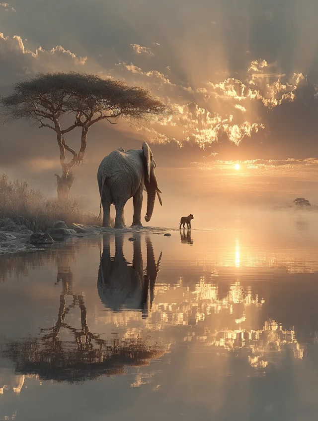 African Sunrise Lion Cub and Elephant
