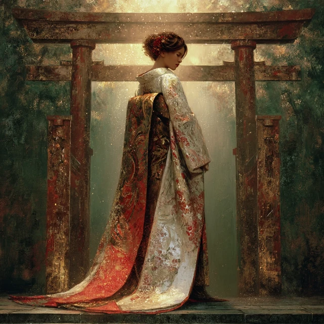 Japanese Miko Under Torii Gate Mystical Art