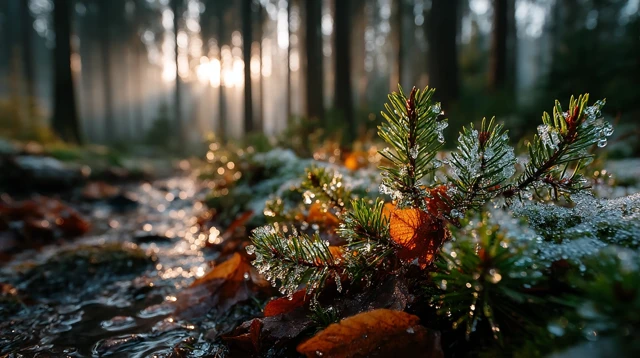 Melting Snow in Forest Early Spring Sunbeams
