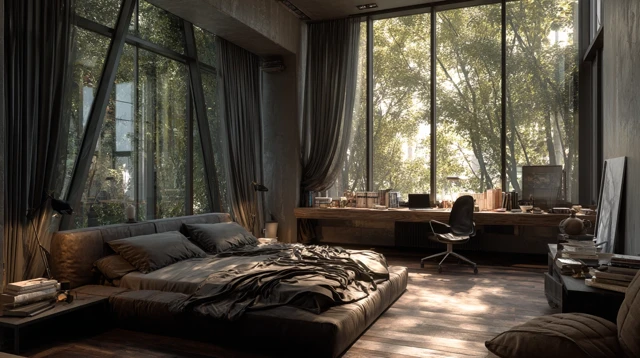 Modern Bedroom with Large Bed and Nature View