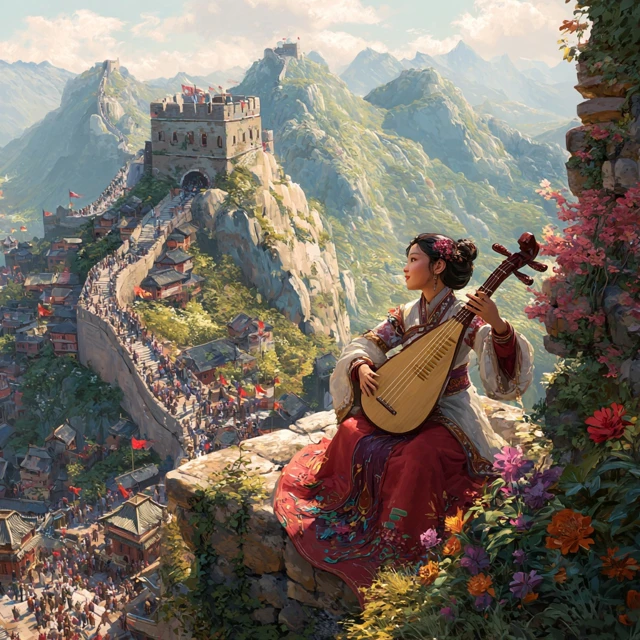 Great Wall of China Woman Playing Pipa