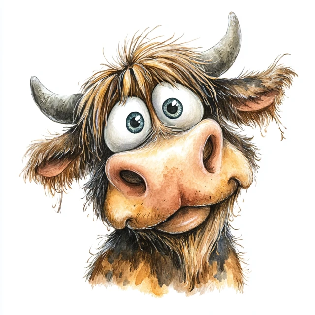 Cartoon Highland Cow Watercolor Illustration