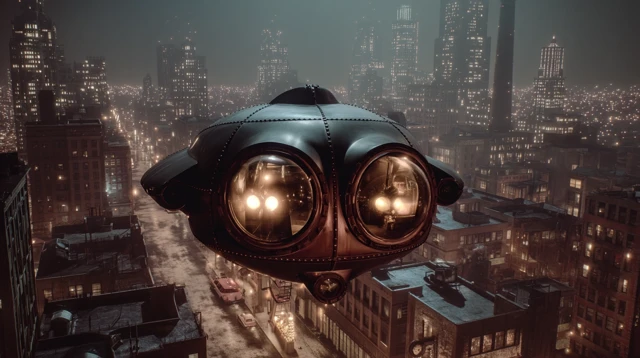 Owlship Archie Flying Over 1950s Noir City