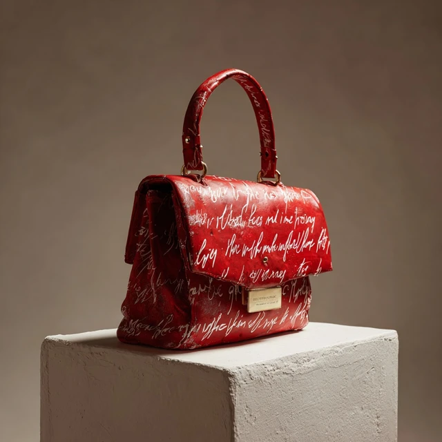 Red Handbag with White Writing on Plinth