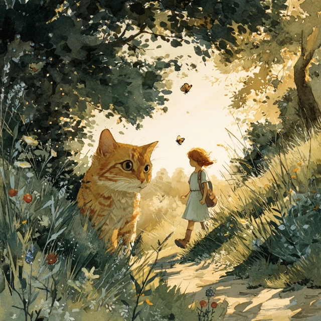 Ginger Cat and Girl Watercolor Illustration