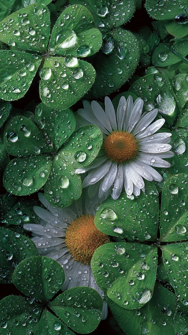 Four Leaf Clovers and Daisies After the Rain