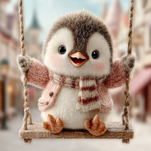 Happy Penguin on a Swing Storybook Illustration