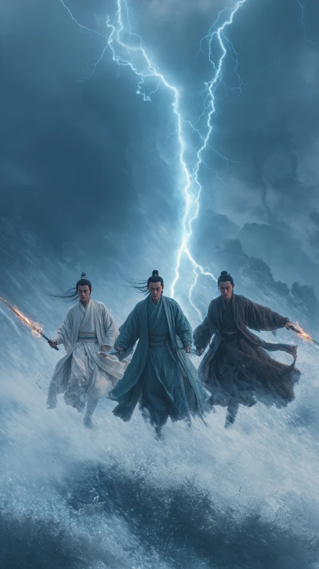 Chinese Wuxia Movie Still Men on Swords Stormy Sky