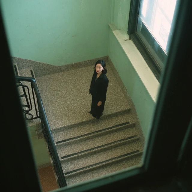 Woman in Black Suit on Korean Staircase LoFi