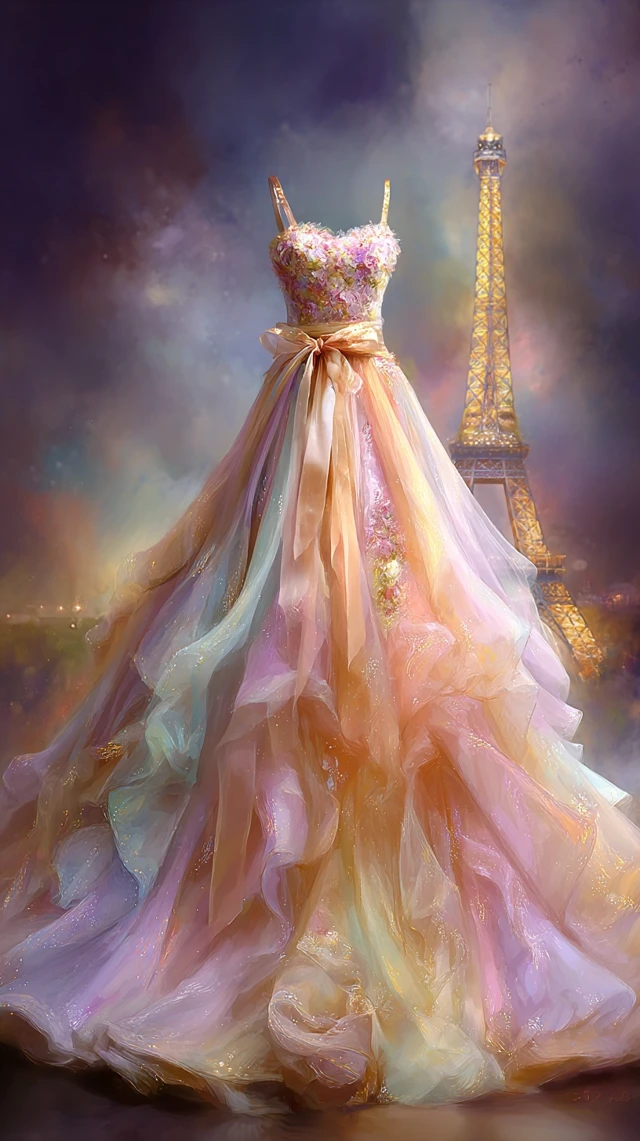 Wedding Dress in Paris Romantic Night Scene
